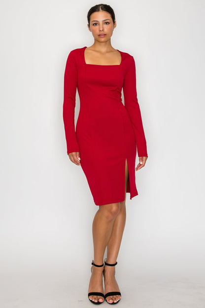 Crimson Hour Square Neck Midi Dress (Red) - Hangerapparel