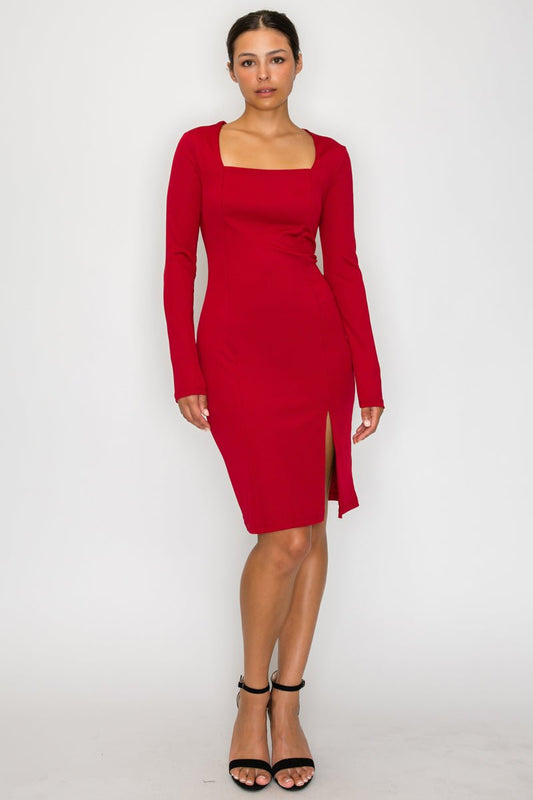 Crimson Hour Square Neck Midi Dress (Red) - Hangerapparel