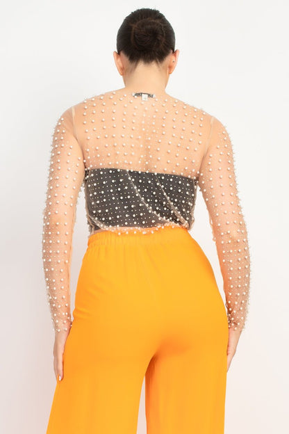 Soft Glow Pearl Embellished Sheer Top - Hangerapparel