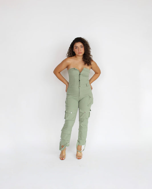 Olive Cargo Denim Jumpsuit