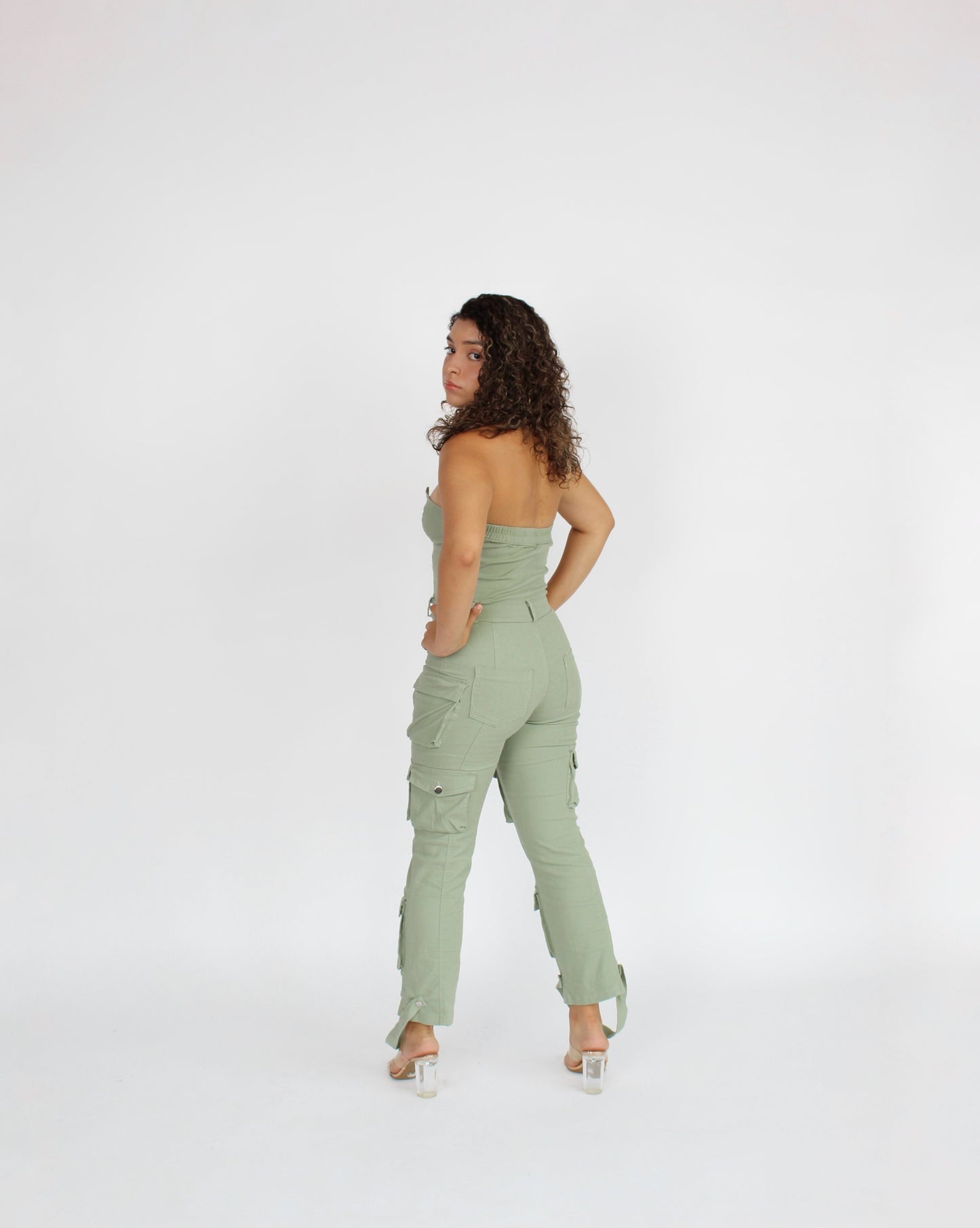 Olive Cargo Denim Jumpsuit